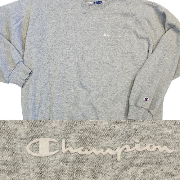 Y2K Champion XXL 2X Gray Crewneck Classic Sweatshirt Pullover Spellout Patch‎ - Picture 1 of 10